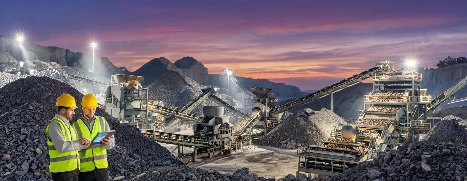 Quarry stockpile crushing plant at dusk